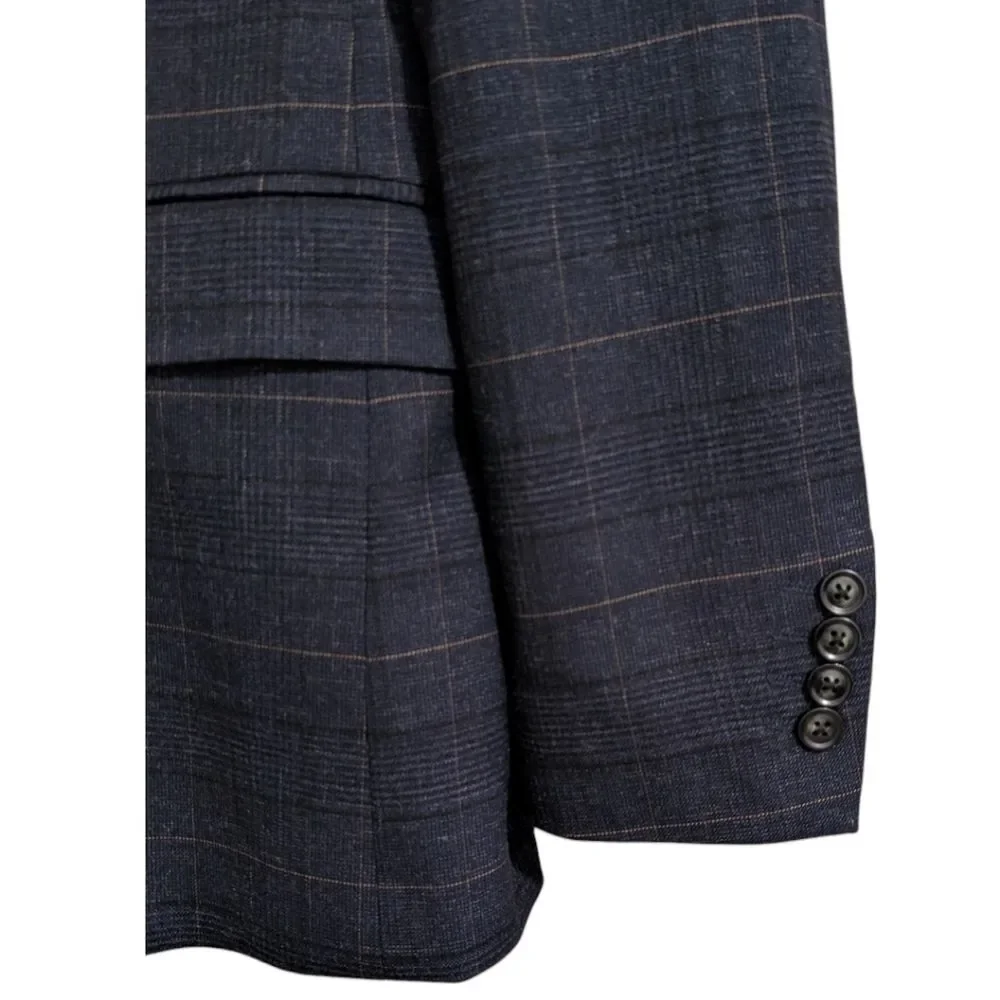 MOSS (Moss Bros) Navy Windowpane Plaid Blazer 44L Tailored Fit